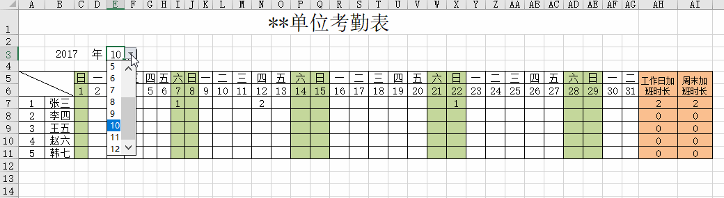 excel数据透视表自动统计工作日与周末的加班时长(图1)